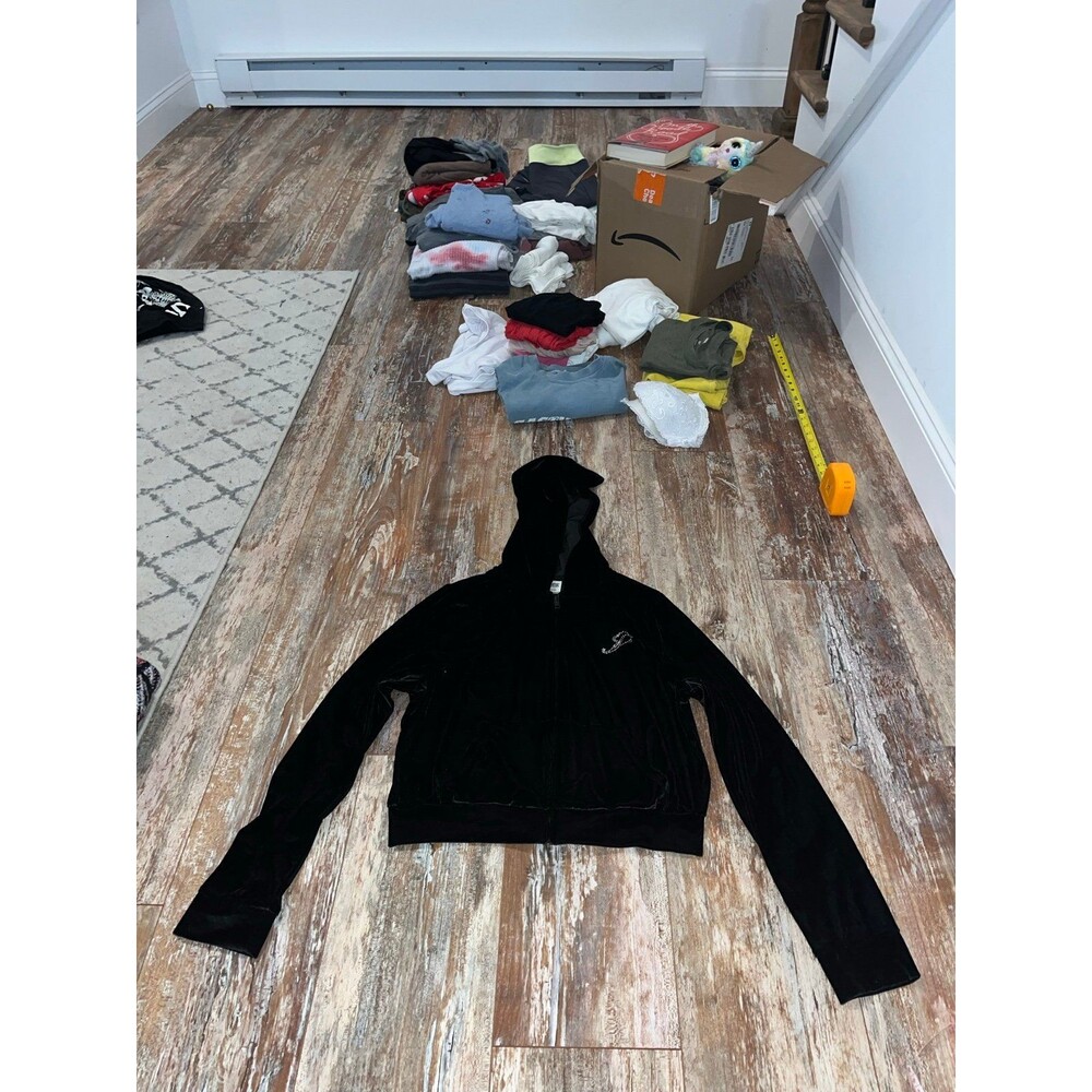 Victoria's Secret PINK Black Velour Full Zip Hoodie Size Small